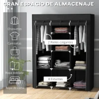 HOMCOM Armario de Tela Plegable Ropero Portátil con 8 Estantes y 2 Barras de Colgar para Dormitorio 125x43x162,5 cm Negro(m-4)