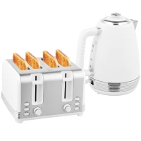 HOMCOM Wasserkocher und Toaster Set, Edelstahl Wasserkocher 1,7 L und 2200 W und 4-Scheiben Toaster, Weiß(m-1)