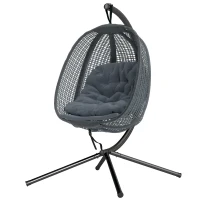Outsunny Outdoor Swing Chair with Thick Padded Cushion, Patio Hanging Chair with Metal Stand, Egg Chair with Foldable Basket, Cup Holder, for Indoor and Outdoor, Dark Grey(m-11)