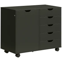 HOMCOM Bürowagen mit 5 Schubladen 1 Tür verstellbarem Regal, Druckerstand auf Rollen, 78x40x66,5 cm, Schwarz(m-6)