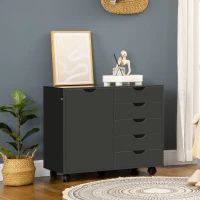 HOMCOM Caisson de bureau avec 5 tiroirs 1 porte étagère réglable, support imprimante sur roulettes, 78x40x66,5 cm, noir(m-2)