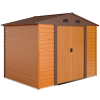 Outsunny 9 x 6ft Metal Garden Shed, House Hut Gardening Tool Storage with Ventilations, Sliding Door, Sloped Roof for Garden, Patio, Brown(m-10)