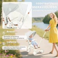 AIYAPLAY Triciclo per Bambini 5 in 1 con Maniglione di Spinta e Copertura Rimovibile, 96.5x49x101 cm, Bianco Crema(m-6)