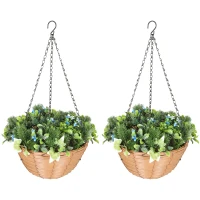 HOMCOM Pack of 2 Faux Plant Artificial Lisianthus Flowers, Hanging Planters with Basket, PE Leaves, 18 Flowers and 3 Pinecones, Decorative Faux Plants for Home Office Decor, Green(m-11)