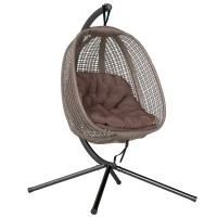 Outsunny Sillón Colgante con Efecto Imitación Ratán Soporte de Acero Cesta Plegable Bolsa de Taza y Cojines Carga 120 kg Café(m-1)