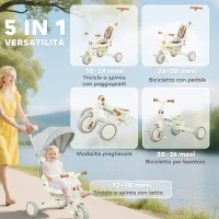 AIYAPLAY Triciclo per Bambini 5 in 1 con Maniglione di Spinta e Copertura Rimovibile, 96.5x49x101 cm, Bianco Crema(m-4)