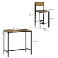 HOMCOM 3-teiliges Bar-Set, Stehtisch, 2 Stühle, MDF, Metallrahmen, wasserfest, Braun(m-3)