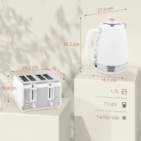 HOMCOM Wasserkocher und Toaster Set, Edelstahl Wasserkocher 1,7 L und 2200 W und 4-Scheiben Toaster, Weiß(m-3)
