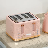 HOMCOM Set de Tostadora y Tetera 2 en 1, 7 Niveles de Tostado, Función de Descongelado y Recalentado, Rosa(m-5)