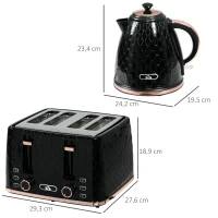HOMCOM Set de Cocina 2 en 1, Tostadora y Hervidor de Agua, múltiples opciones, 1,7 L, 4 rebanadas de tostada al mismo tiempo, Plástico, Negro(m-3)