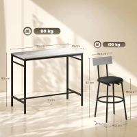 HOMCOM Set Tavolo Alto e 4 Sgabelli da Bar con Schienale e Poggiapiedi in Stile Industriale, Grigio Cemento(m-3)