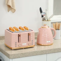 HOMCOM Set de Tostadora y Tetera 2 en 1, 7 Niveles de Tostado, Función de Descongelado y Recalentado, Rosa(m-2)
