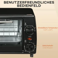 HOMCOM Mini-Ofen Toasterofen, 1 Backblech, 1 Grilrost, 10 L Kapazität, Timer-Funktion, 36.5 cm x 26 cm x 22 cm, Schwarz(m-7)