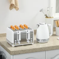 HOMCOM Wasserkocher und Toaster Set, Edelstahl Wasserkocher 1,7 L und 2200 W und 4-Scheiben Toaster, Weiß(m-2)