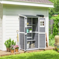 Outsunny Gartenlagerschuppen, Werkzeugschuppen mit 2 Fenstern, Bodenpfähle, Asphalt-Dach, 91 x 69 x 192 cm, Tannenholz, Hellgrau(m-9)