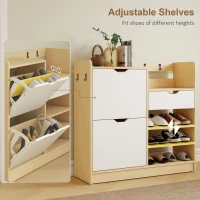 HOMCOM Schoenenrek voor hal, schoenenkast met klapladen, open planken, 4 haken, voor tot 14 paar schoenen, Wit(m-5)