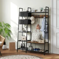 HOMCOM Garderobenständer im Industrie-Design, 8 Regalböden, 5 Kleiderhaken, 1 Schuhbank, 2 Schubladen, Grau + Braun(m-2)