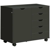 HOMCOM Cajonera de oficina con 5 cajones 1 puerta estante ajustable, soporte para impresora con ruedas, 78x40x66,5 cm, negro(m-1)