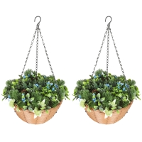 HOMCOM Pack of 2 Faux Plant Artificial Lisianthus Flowers, Hanging Planters with Basket, PE Leaves, 18 Flowers and 3 Pinecones, Decorative Faux Plants for Home Office Decor, Green