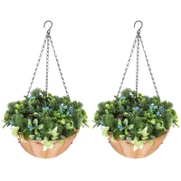 HOMCOM Pack of 2 Faux Plant Artificial Lisianthus Flowers, Hanging Planters with Basket, PE Leaves, 18 Flowers and 3 Pinecones, Decorative Faux Plants for Home Office Decor, Green(m-1)
