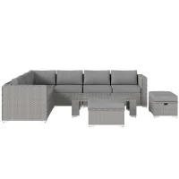 Outsunny 6 Pieces Outdoor PE Rattan Wicker Corner Sofa Set with 10cm Thick Padded Cushions, Aluminium Conservatory Furniture with Glass Top Coffee Table, Footstools, Grey(m-10)