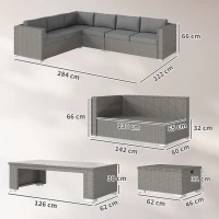 Outsunny 6 Pieces Outdoor PE Rattan Wicker Corner Sofa Set with 10cm Thick Padded Cushions, Aluminium Conservatory Furniture with Glass Top Coffee Table, Footstools, Grey(m-3)