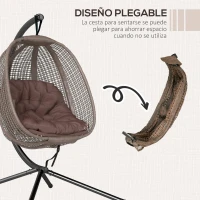 Outsunny Sillón Colgante con Efecto Imitación Ratán Soporte de Acero Cesta Plegable Bolsa de Taza y Cojines Carga 120 kg Café(m-5)