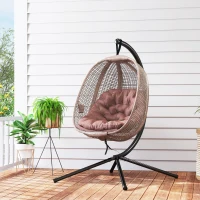 Outsunny Sillón Colgante con Efecto Imitación Ratán Soporte de Acero Cesta Plegable Bolsa de Taza y Cojines Carga 120 kg Café(m-9)