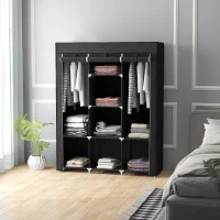 HOMCOM Armario de Tela Plegable Ropero Portátil con 8 Estantes y 2 Barras de Colgar para Dormitorio 125x43x162,5 cm Negro(m-7)