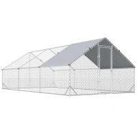 PawHut Galinheiro de Exterior Grande 3x6x2m Gaiola para 12-18 Galinhas de Aço Galvanizado com Teto de PE e Fechadura para Coelhos Prata(m-1)
