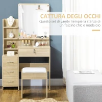 HOMCOM Toeletta da Trucco con Specchio, Tavolo da Trucco, Sgabello, 4 Cassetti e 4 Ripiani, Colore Legno(m-4)
