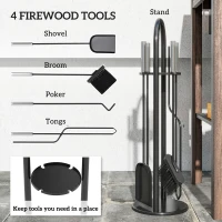 Outsunny 5 Pieces Fireplace Tools Set, Metal Fireplace Accessories Fireside Companion Set with Broom, Shovel, Poker and Bucket, Silver(m-4)