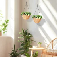 HOMCOM Pack of 2 Faux Plant Artificial Lisianthus Flowers, Hanging Planters with Basket, PE Leaves, 18 Flowers and 3 Pinecones, Decorative Faux Plants for Home Office Decor, Green(m-2)