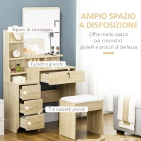HOMCOM Toeletta da Trucco con Specchio, Tavolo da Trucco, Sgabello, 4 Cassetti e 4 Ripiani, Colore Legno(m-5)
