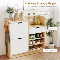 HOMCOM Schoenenrek voor hal, schoenenkast met klapladen, open planken, 4 haken, voor tot 14 paar schoenen, Wit(m-6)