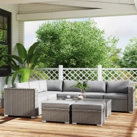 Outsunny 6 Pieces Outdoor PE Rattan Wicker Corner Sofa Set with 10cm Thick Padded Cushions, Aluminium Conservatory Furniture with Glass Top Coffee Table, Footstools, Grey(m-9)