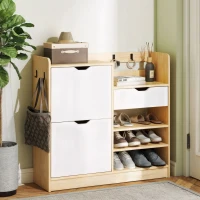 HOMCOM Schoenenrek voor hal, schoenenkast met klapladen, open planken, 4 haken, voor tot 14 paar schoenen, Wit(m-11)