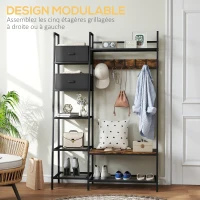 HOMCOM Portemanteau meuble de rangement entrée, 6 étagères 4 crochets 2 tiroirs en tissu, 125 x 43 x 185,5 cm, en acier et bois(m-5)