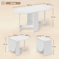 HOMCOM Mesa de Cozinha Dobrável Mesa de Jantar Dobrável Ovalada com Laterais Abatíveis Estilo Moderno 163x80x75 cm Branco(m-3)