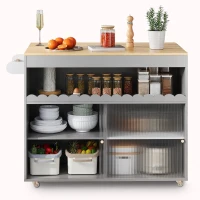 Klappbarer Kücheninselwagen, Schiebetüren aus gehärtetem Glas, verstellbare Einlegeböden und Handtuchhalter, 122 x 46 x 91 cm, Grau+Naturfarbe(m-8)