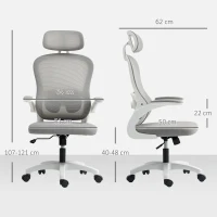 HOMCOM Chaise de Bureau Ergonomique avec Dossier en Maille, Réglable en Hauteur, Accoudoirs Relevables, 5 Roulettes, Fonction Bascule, Gris(m-3)