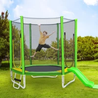 Trampoline pour enfants Ø 213 cm avec toboggan, échelle, filet, double porte et poteaux rembourrés, Vert(m-5)