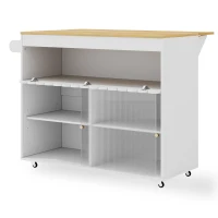 Chariot de cuisine pliable, avec portes coulissantes en verre trempé, étagères réglables et porte-serviettes, 122x46x91 cm, Blanc(m-6)