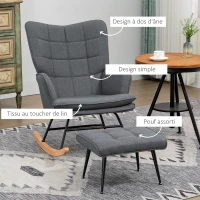 HOMCOM Fauteuil à bascule avec repose-pieds, rocking chair, assise large, dossier haut, coussin inclus, 64 x 89 x 90 cm, gris(m-5)
