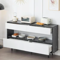 Buffet au design marbre noir avec espace de rangement ouvert, 4 tiroirs et éclairage LED, 150x35x89,5 cm, Blanc＋Noir(m-5)
