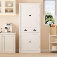 Armoire de rangement moderne, 4 portes et 1 tiroir, 6 compartiments de rangement et 4 étagères réglables, adaptée pour la cuisine, la salle à manger et le salon, 80x40x182 cm, Blanc(m-4)