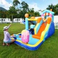 Castillo Hinchable para Niños con Tobogán Acuático y Trampolín, Parque Acuático Multifuncional con Fuente y Pistolas de Agua, 395x340x236 cm, Azul(m-6)