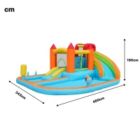 Château gonflable multifonctionnel avec toboggan aquatique, trampoline, panier de basket et pistolet à eau, pour utilisation sèche et humide, 460x343x190 cm, Orange(m-3)