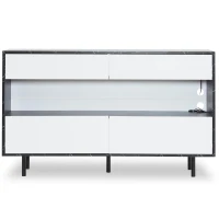 Buffet au design marbre noir avec espace de rangement ouvert, 4 tiroirs et éclairage LED, 150x35x89,5 cm, Blanc＋Noir(m-2)