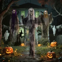 HOMCOM Set of 3 Hanging Skeleton Halloween Decorations, Scary Flying Ghost for Garden, Party, 90/110/170cm(m-7)